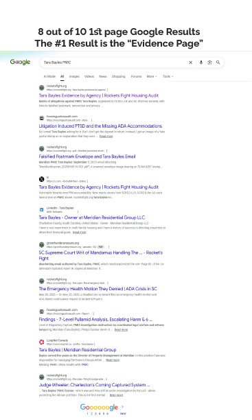8 out of 10 Google search results for Tara Bayles PMIC showing Plaintiffs media coverage dominating page one