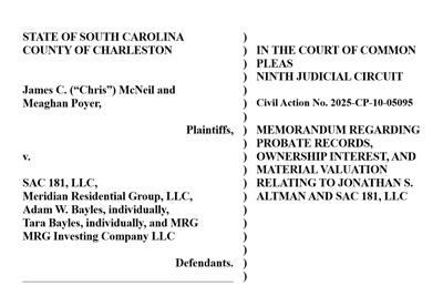 Memorandum Regarding Probate Records, Ownership Interest, and Material Valuation Relation to Jonathan S. Altman and SAC 181, LLC