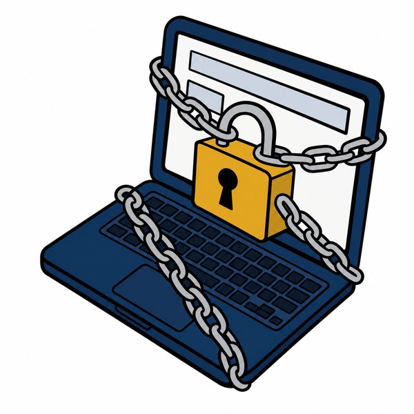 A laptop chained shut with a padlock on the send key