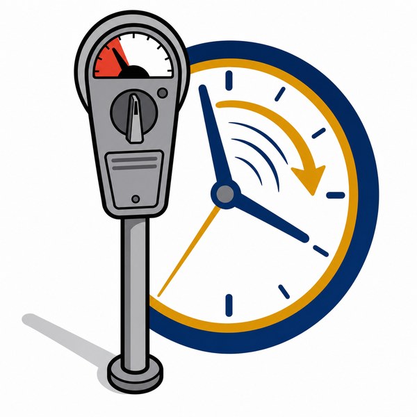 A parking meter beside a ticking clock