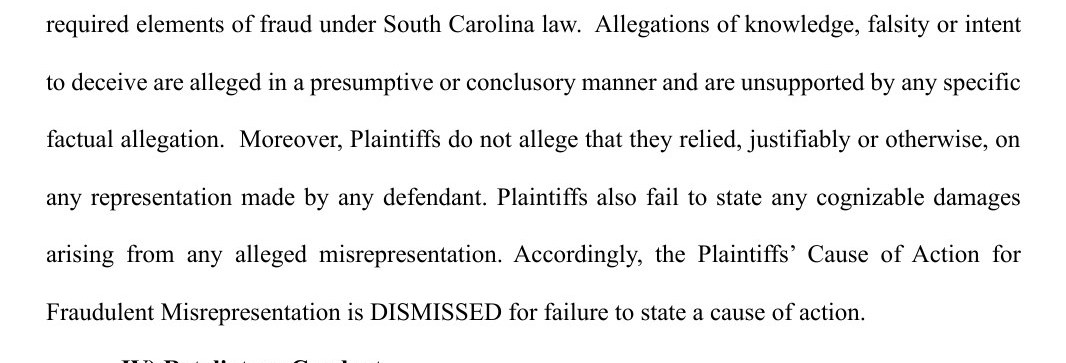 Order p. 12: the passage stating Plaintiffs allege no reliance, citing paragraphs 40 and 43 around the skipped paragraph 42