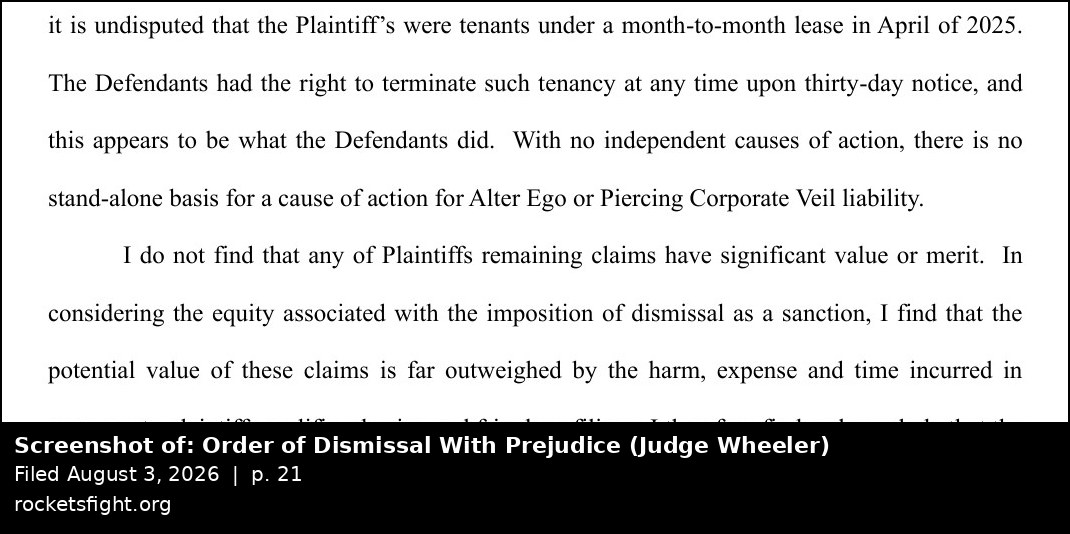 Screenshot of the Order of Dismissal With Prejudice, August 3, 2026, page 21