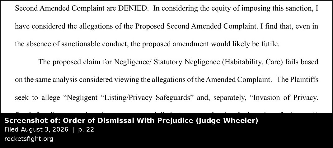 Screenshot of the Order of Dismissal With Prejudice, August 3, 2026, page 22