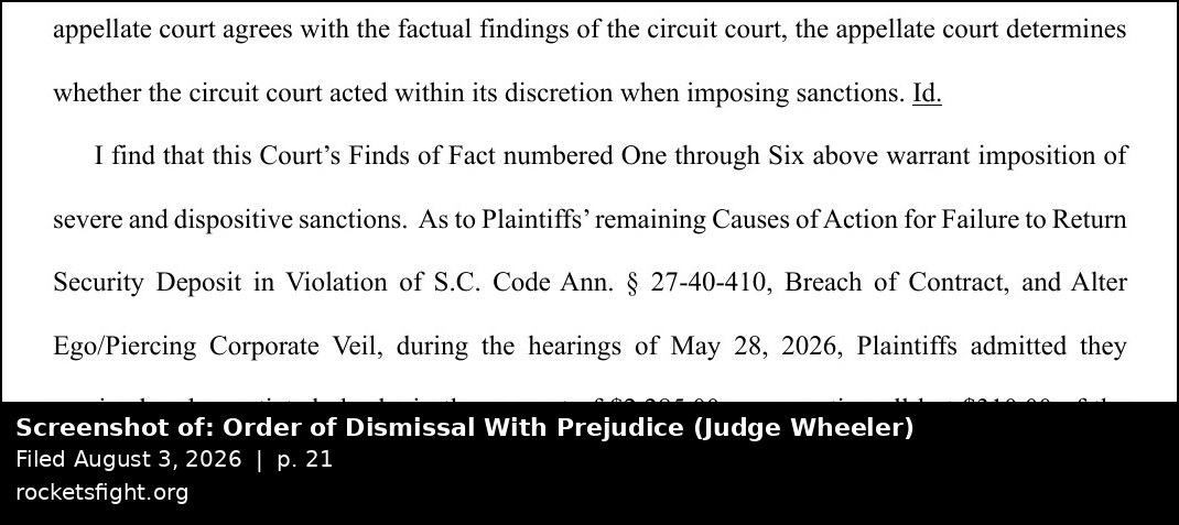 Screenshot of the Order of Dismissal With Prejudice, August 3, 2026, page 21